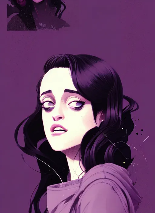 Image similar to highly detailed closeup portrait of beautiful carly chaikin as darlene alderson, wavy black hair, by atey ghailan, by greg rutkowski, by greg tocchini, by james gilleard, by joe fenton, by kaethe butcher, gradient purple, black and white color scheme, grunge aesthetic!!! ( ( graffiti tag wall background ) )