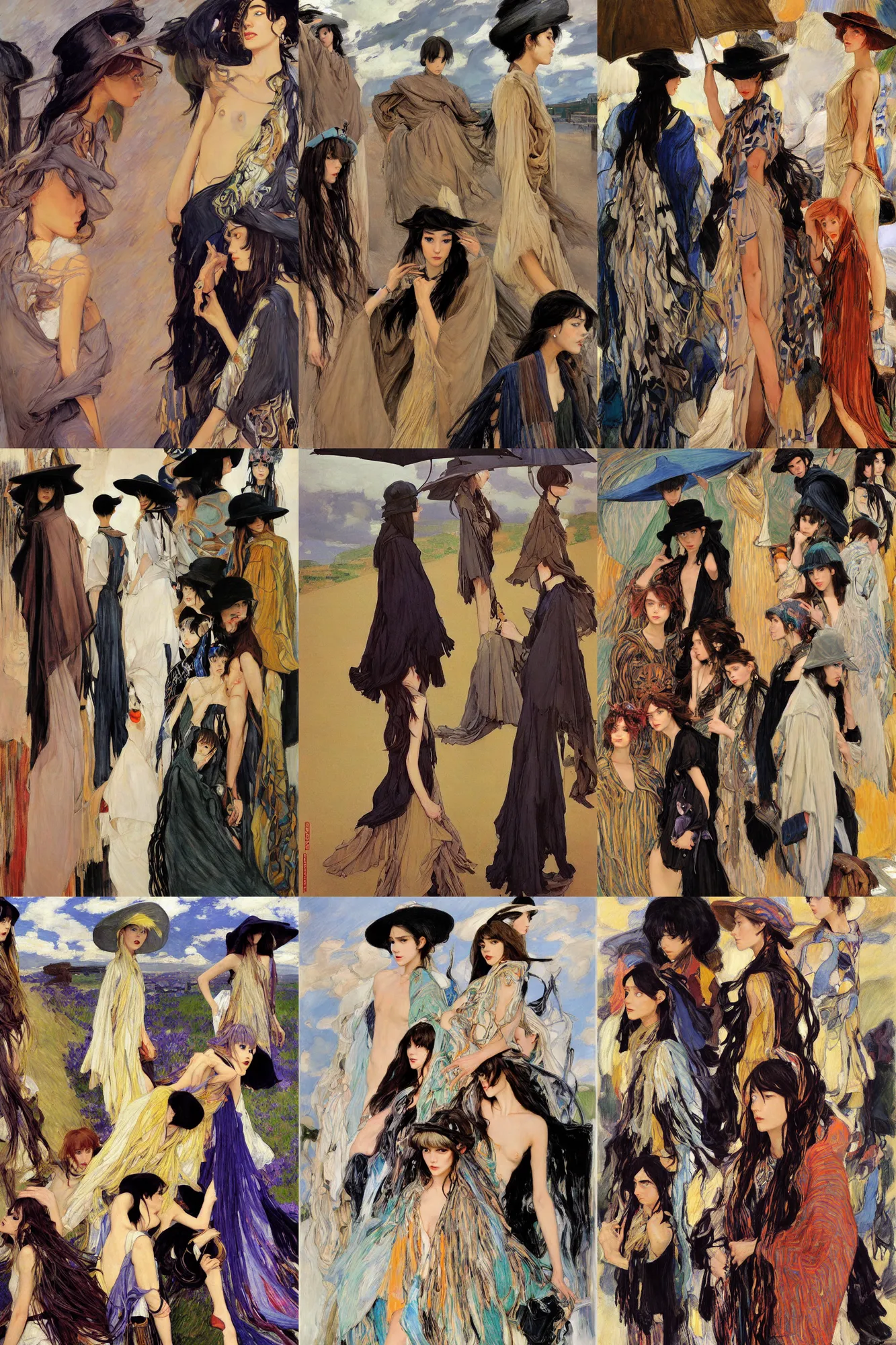 Prompt: dramatic light, thunder clouds in the sky, anime stylization figures, 1970s fashion, simple form, brutal shapes, shaman, portrait of group of fashionable young womans wearing rich jewerly hats and boho poncho, pixiv, artwork by Joaquin Sorolla and john william waterhouse and Denis Sarazhin and James Jean and klimt and rhads and van gogh and Dean Ellis