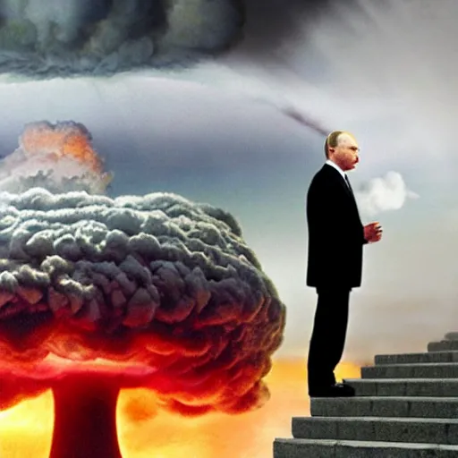 Prompt: a huge nuclear mushroom cloud explodes behind a grief stricken vladimir putin, photorealistic, apocalyptic - h 6 4 0