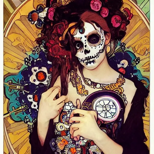 Image similar to cute punk Día de los Muertos girl by Alphonse Mucha Egon Schiele Ayami Kojima Amano Charlie Bowater, photography by Mario Testino, masterpiece