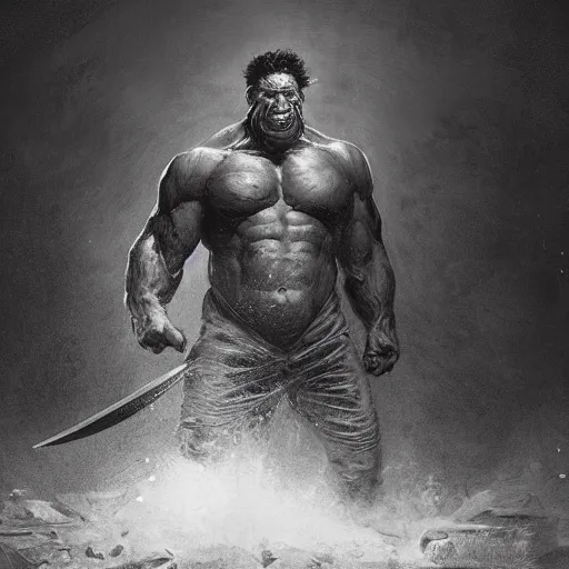 Image similar to artstation concept a midnight blue hulk jolding a meat cleaver, dusty, hyperdetailed, artstation trending, world renowned artists, worth 1 0 0 0. com, historic artworks society, antique renewel, cgsociety, by greg rutkowski, by gustave dore, deviantart