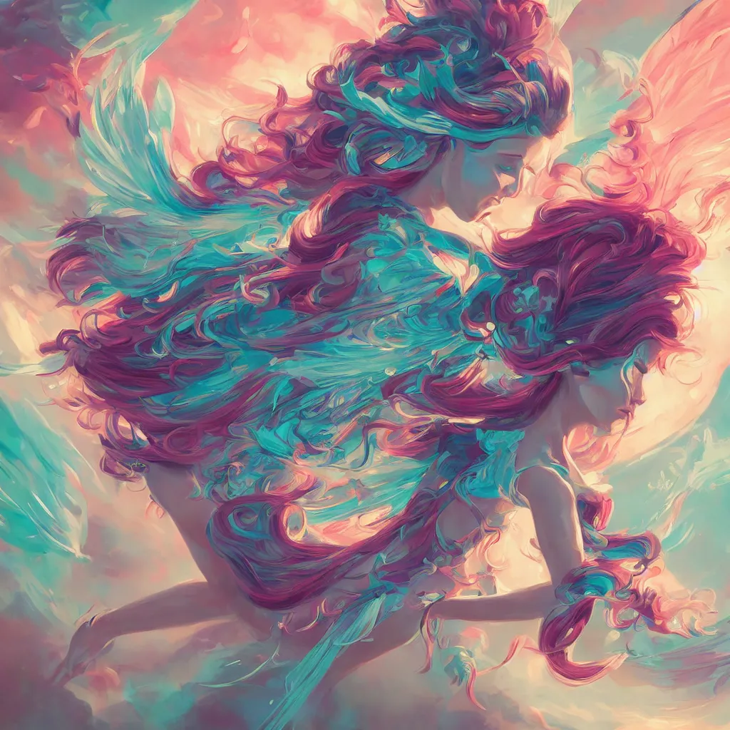 Image similar to a colorful and provenance illustrations painting of the fantasy angel flying with floral wings, highly detailed, her hair made of hair made of air wind and curling smoke, mist, dust, genie, spirit fantasy concept art, art by aenami, alena, afshar, petros and leonid, trending on artstation.