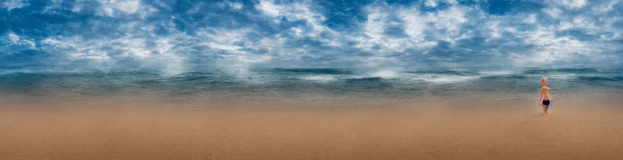 Image similar to symmetrical nendroid, beach, waves, sand, smoke, light rays, hdr, 8 k, intricate