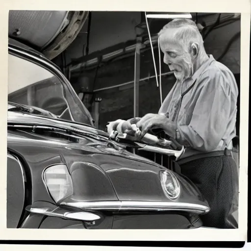 Prompt: a vintage photo of a man working on a car, 1 9 6 0 s, vintage, old, photo