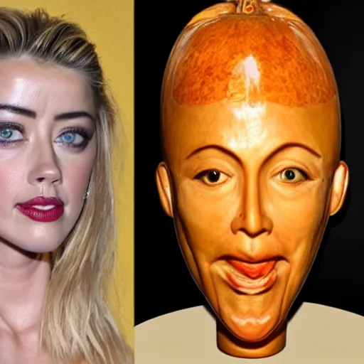 Image similar to a [ gourd ] carved shaped to look like ( amber heard face ) hybrid intercross