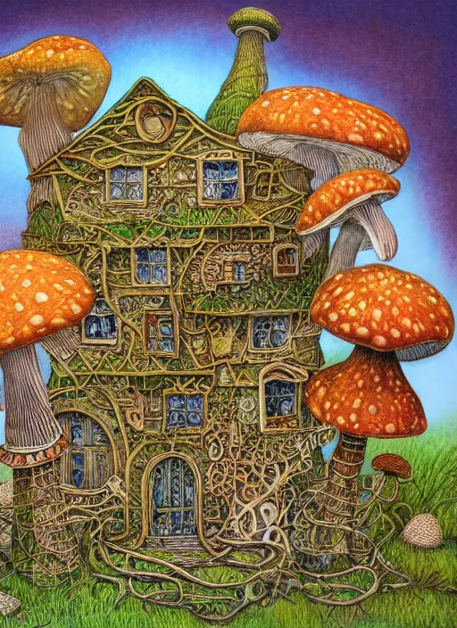 Prompt: a hybrid between a mushroom and a house,, insanely detailed, studio light, patrick woodroffe, colored pencil