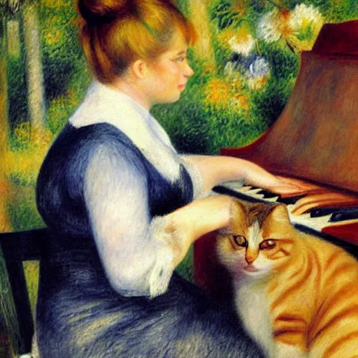 Image similar to blonde girl sits at the piano while her cat lays on the piano keys, painting by renoir