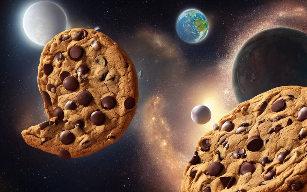 Image similar to A highly detailed 4k render of a gigantic chocolate chip cookie drifting through space towards planet earth, CGSociety, ArtStation, Unreal Engine