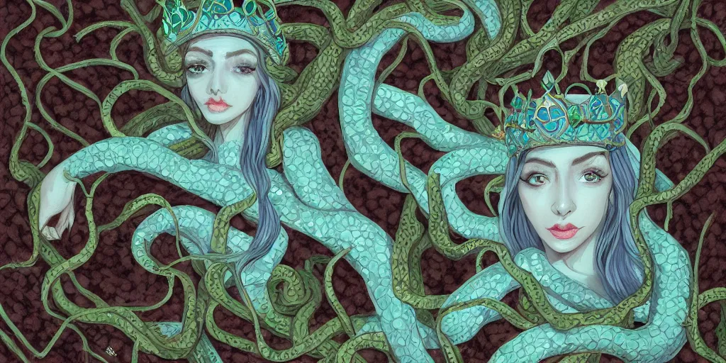 Image similar to portrait of the queen of snakes, pale blue, emerald, sapphire, wearing a crown of vines, moonlit, dark fantasy, artstation