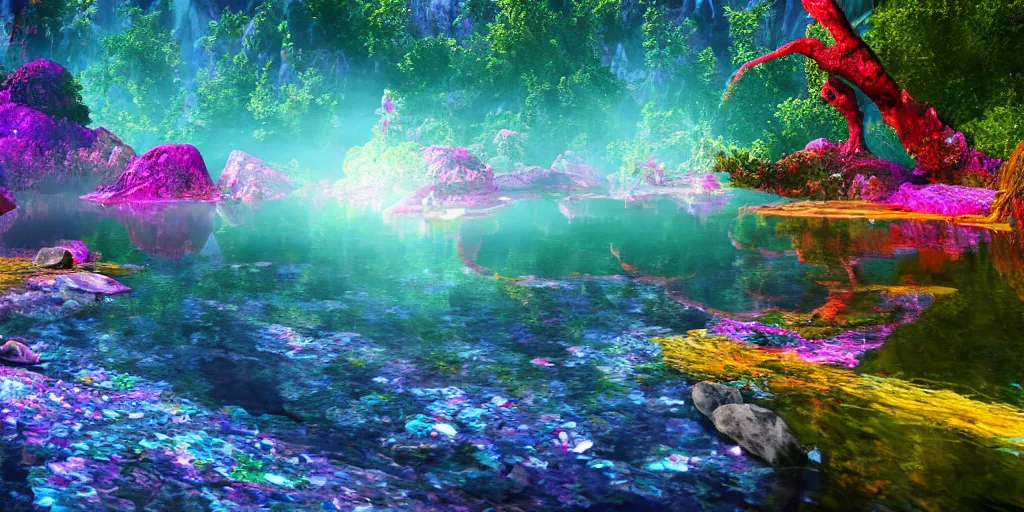 Prompt: jeweled enchanted crystal lake. unreal and octane and blender and unity render. post - processed color corrected. crisp. focused. sharp. vibrant. epic composition. symmetrical 8 k. uhd.