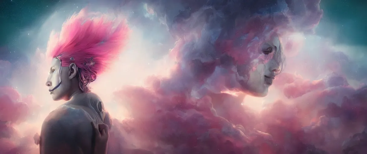 Prompt: arcteryx, beautiful clear faces by tom bagshaw, portrait big punk, pink, mohawk, space, hyperdetailed illustration, stars, neon, oil painting, rich deep colors masterpiece, ultra detailed, contrast, heaven pink, clouds, volumetric light, atmospheric lighting, dramatic, cinematic, moody, octane render 4 k, 8 k