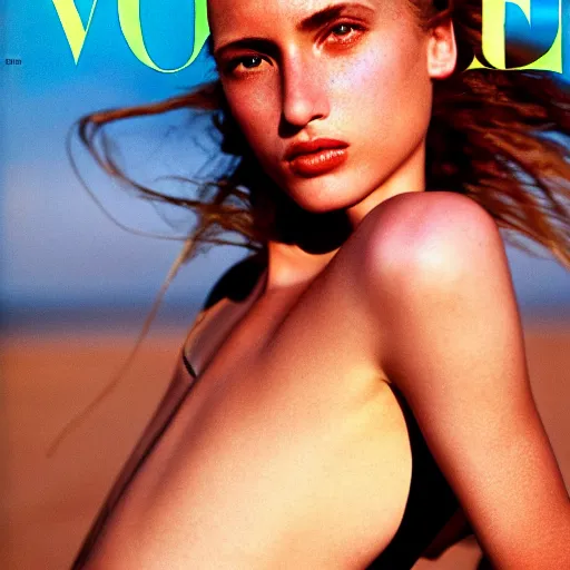 Prompt: a beautiful professional photograph by herb ritts for the cover of vogue magazine of a beautiful lightly freckled and unusually attractive female fashion model looking at the camera in a flirtatious way, zeiss 5 0 mm f 1. 8 lens