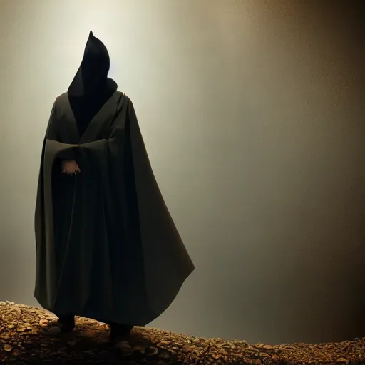 Image similar to a portrait of a man wearing a long dark cloak, hood and shadows covering face, holding golden chains, oil painting, Volumetric Golden dappled dynamic lighting, Highly Detailed, Cinematic Lighting, Unreal Engine, 8k, HD