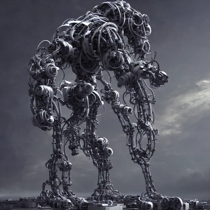 Image similar to aerial view of a robot constructing a big black man with long curly hair, 3d render, dim volumetric lighting, 8k octane beautifully detailed render, post-processing, extremely hyperdetailed, intricate futuristic mechanic parts, epic composition, cinematic lighting, trending on artstation