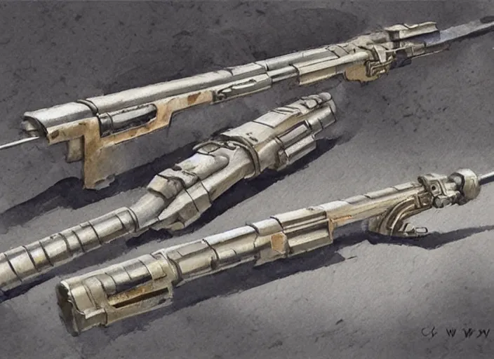 Image similar to concept art of a rifle futuristic weapon, fantasy, steampunk, pinterest, artstation trending, behance, watercolor, by coby whitmore, silver, laser light,