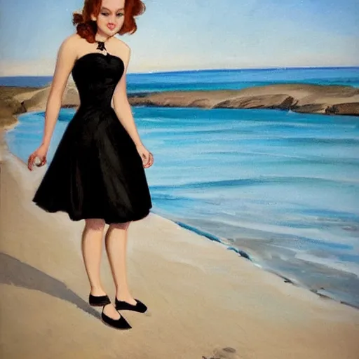 Prompt: woman in black dress, in the middle of the beach, pretty face, black shoes, leyendecker style