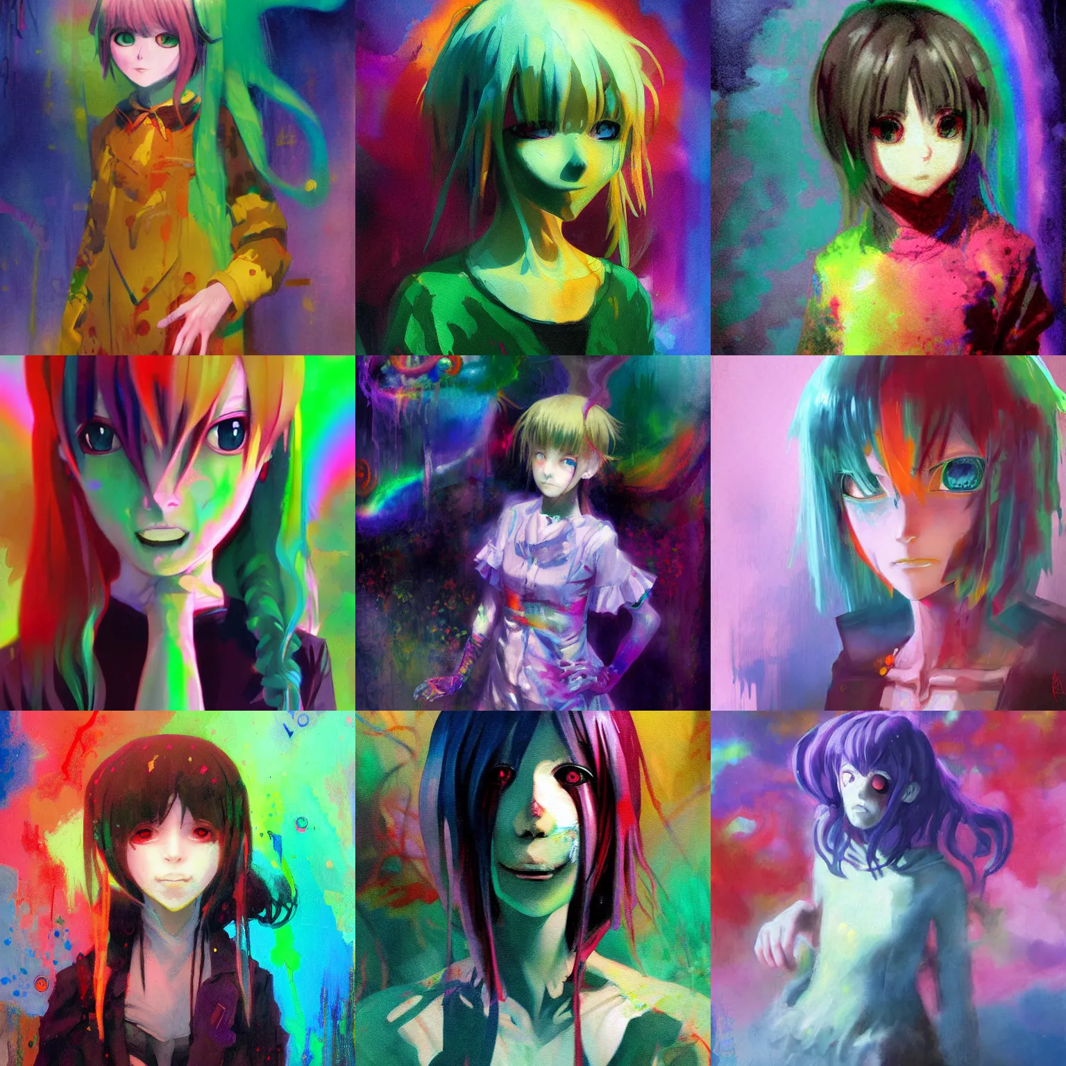 Prompt: Colorful, creepy painting of a horrible terrifying eldritch monstrosity disguised as a young anime girl located within the rainbow color palette by Craig Mullins