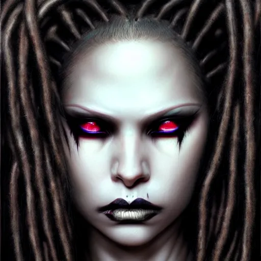 Image similar to portrait of a female cybergoth dreadlocks, dark, piercing eyes, exotic expression, esoteric clothing, photorealistic, highly detailed, mysterious lighting, artstation, smooth, sharp focus, art by michael whelan, artgerm, greg rutkowski and luis royo