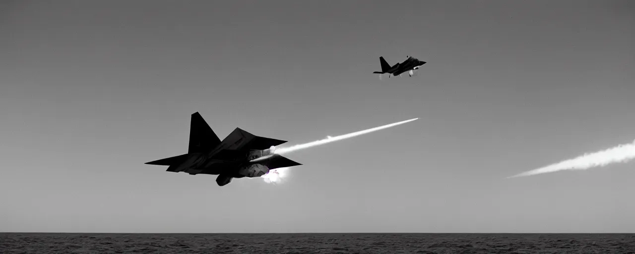 Image similar to an f - 2 2 plane firing spaghetti missiles, flying over the ocean, canon 5 0 mm, cinematic lighting, photography, retro, film, kodachrome