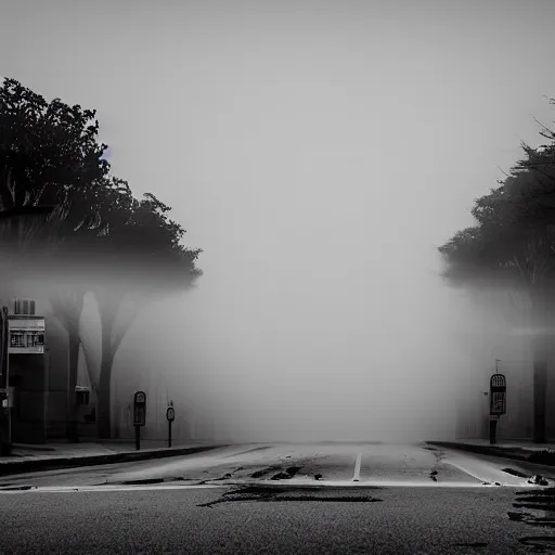 Prompt: empty streets of the void, real photography, black and white, foggy