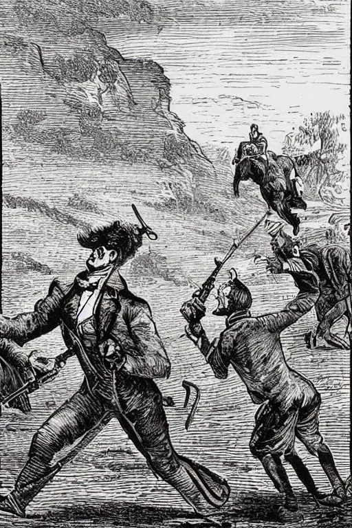 Image similar to 19th century wood-engraving of a lone British man point a musket at the back standing with his back turned to the viewer, mammoth running away in the background, whole page illustration from Jules Verne book, art by Édouard Riou Jules Férat and Henri de Montaut, high quality, beautiful, removed watermarks