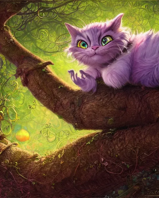 Image similar to an adorable cheshire cat asleep in a tree | highly detailed | very intricate | symmetrical | whimsical and magical | soft cinematic lighting | award - winning | closeup portrait | wonderland | painted by donato giancola and paul lehr and ross tran | pastel color palette | featured on artstation