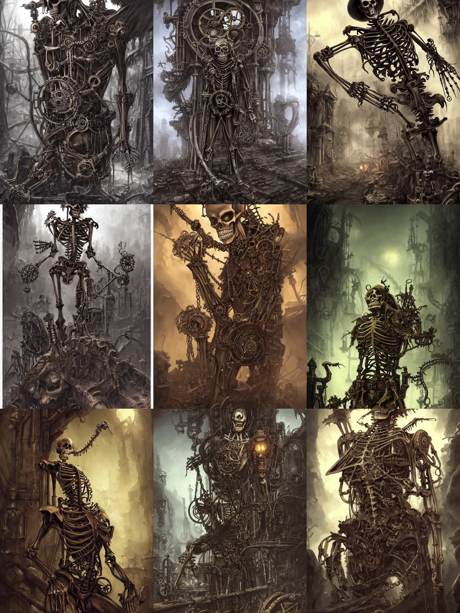 Prompt: steampunk skeleton, undead, cranks, imperfections, high fantasy, chiaroscuro, graveyard background, smooth, sharp focus, highly detailed, digital illustration, by rossdraws, ralph horsley