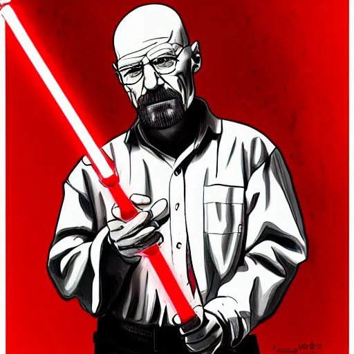 Image similar to Walter White holding a red light saber, accurate anatomy, accurate hands, highly detailed, digital art, portrait,