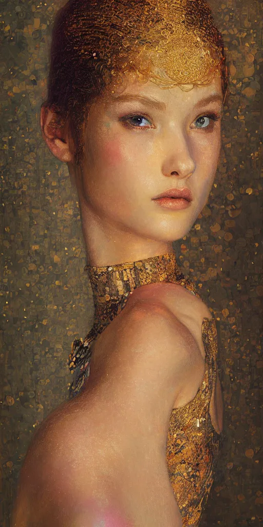 Image similar to an intricate portrait painting of an artistic pose young beautiful ballerina, klimt golden motives and textures, hyper - detailed, octane render, vivid colors, artstation, by jeremy mann, by gustav klimt