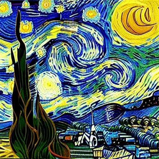 Image similar to shiba inu eating noodles in style of van gogh's starry night