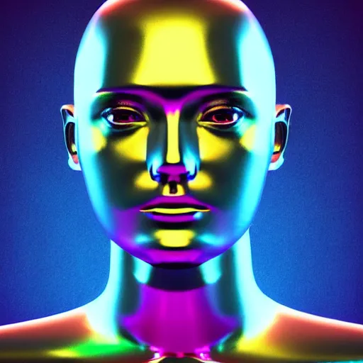 Image similar to 3d render of holographic human robotic head made of glossy iridescent, surrealistic 3d illustration of a human face non-binary, non binary model, 3d model human, cryengine, made of holographic texture, holographic material, holographic rainbow, concept of cyborg and artificial intelligence