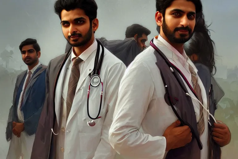 Image similar to Anxious good looking pale young Indian doctors wearing American clothes outside a hospital, portrait, elegant, intricate, digital painting, artstation, concept art, smooth, sharp focus, illustration, art by artgerm and greg rutkowski and alphonse mucha