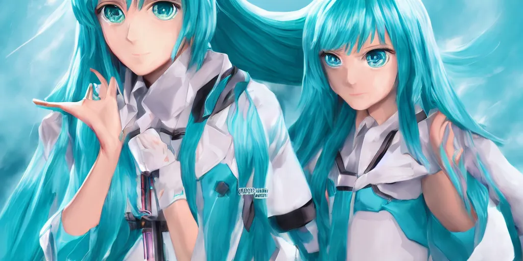 Image similar to Jesus cosplaying as Hatsune Miku, digital art, trending on artstation