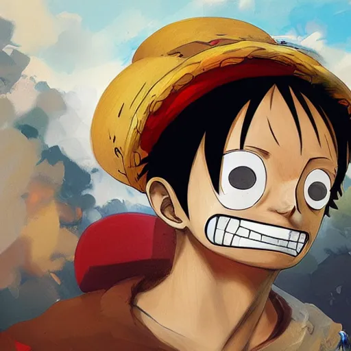 Prompt: portrait of Luffy From one piece looking to camera smiling , artwork and style by Sergey Kolesov, arstation,