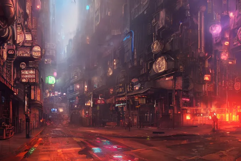 Prompt: Steampunk time machine emitting smoke in a cyberpunk city street, neon lights, james gurney, katsuhiro otomo, james paick, cinematic lighting, artstation, vibrant nature, anime style, Craig Mullins, Greg Rutkowski, Pete Morbacher, Tuomas Korpi, tekkon kinreet, volumetric light, artstation, , octane render, redshift render, low angle camera, rich deep moody colors