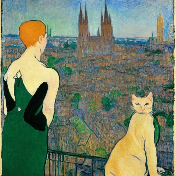 Image similar to woman in green dress with city with cathedral seen from a window frame at sunset. fuzzy white cat. monet, henri de toulouse - lautrec, utamaro, matisse, felix vallotton