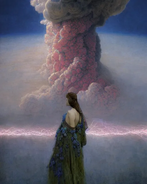 Image similar to A portrait of a woman wearing clothes made out of thunder clouds and flowers, apocalypse, nuclear explosion in the background, liquid skin, Masterpiece, glowing, wires everywhere, by Edgar Maxence and Ross Tran, Zdzisław Beksiński, and Michael Whelan, distant, gustav dore, H.R. Giger, 8k, octane render