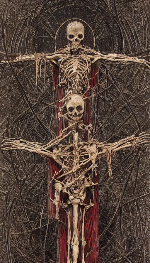 Image similar to Scorn themed painting of skeletal undead crucifixion concept, intricate artwork by H.R. Giger, Johnatan Wayshak, Zdizslaw Beksinski, Ayami Kojima, Amano, Karol Bak, Moebius, and Mark Brooks, Neo-Gothic, gothic, rich deep colors, art by Takato Yamamoto, masterpiece, face by Artgerm, very coherent artwork, cinematic, hyper realism, high detail, octane render, unreal engine, 8k, High contrast, golden ratio, trending on cgsociety