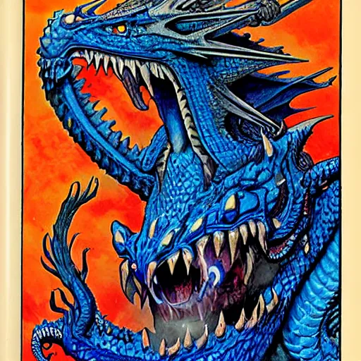 Image similar to head and shoulders portrait of a medieval d & d fantasy anthropomorphic blue dragon - headed sorcerer, d & d rulebook cover art by jeff easley, hr giger, and frank miller