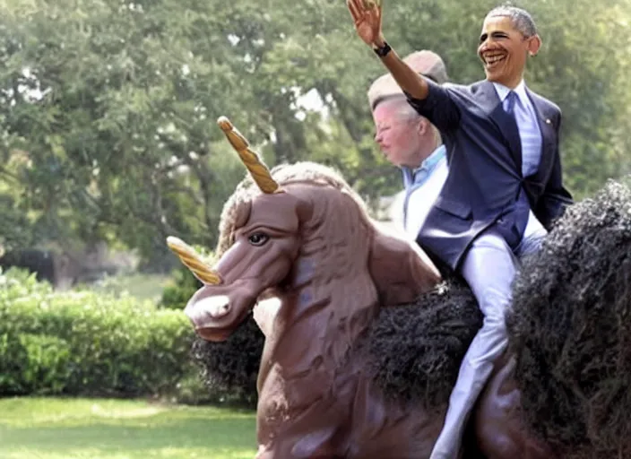 Image similar to obama riding an unicorn,.