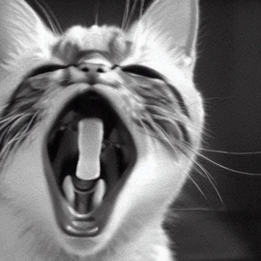 Image similar to screaming cat wide open mouth reaction image, movie still