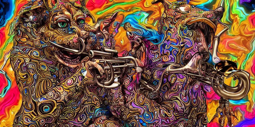 Prompt: highly detailed digital artwork of a dingo - man dingo man dingoman chimera with a salvador dali mustache. he is playing the psychedelic trumpet electronic trumpet.