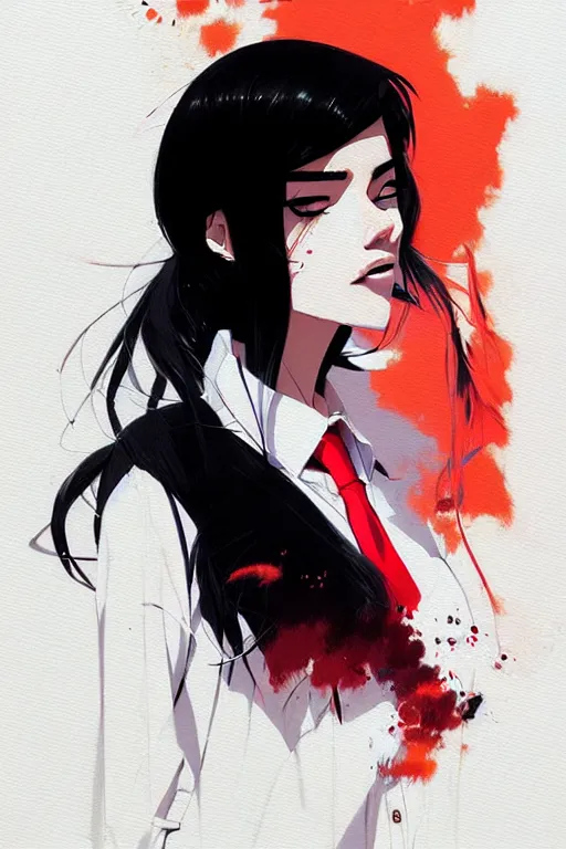 Image similar to a ultradetailed beautiful panting of a stylish woman wearing a shirt with a tie, she has black hair, by conrad roset, greg rutkowski and makoto shinkai, trending on artstation