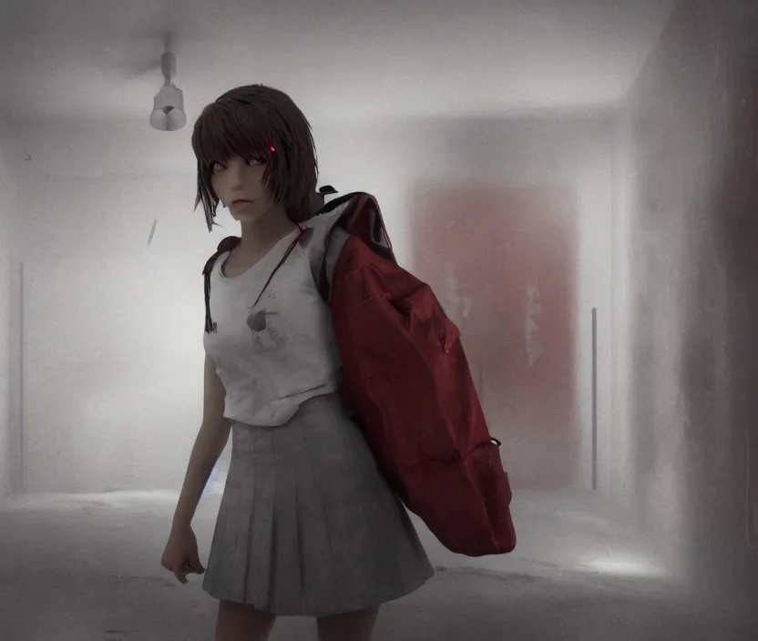 Image similar to School girl standing on an abandoned hospital room with red ceiling lighting, gloomy and foggy atmosphere, octane render, artstation trending, horror scene, highly detailded