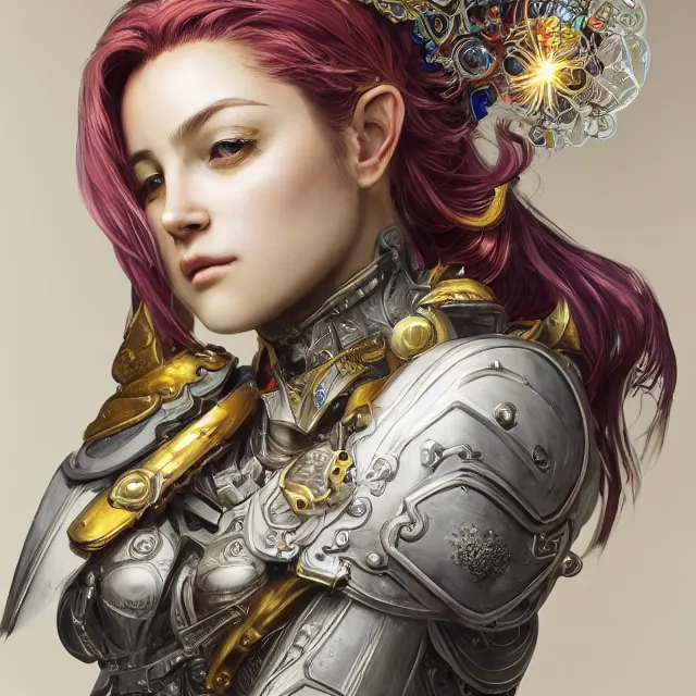 Image similar to studio portrait of lawful good colorful female holy mech paladin as absurdly beautiful, elegant, young sensual woman, ultrafine hyperrealistic detailed face illustration by kim jung gi, irakli nadar, intricate linework, sharp focus, bright colors, matte, octopath traveler, final fantasy, unreal engine highly rendered, global illumination, radiant light, intricate environment