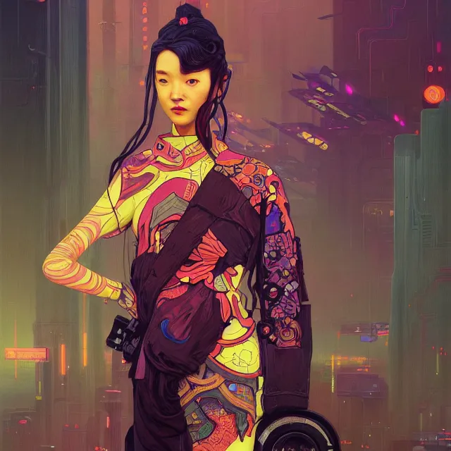 Prompt: a beautiful portrait painting of a ( cyberpunk ) tang wei by simon stalenhag and pascal blanche and alphonse mucha and nekro and josan gonzalez. in style of digital art. colorful comic, film noirs, symmetry, brush stroke, vibrating colors, hyper detailed. octane render. trending on artstation