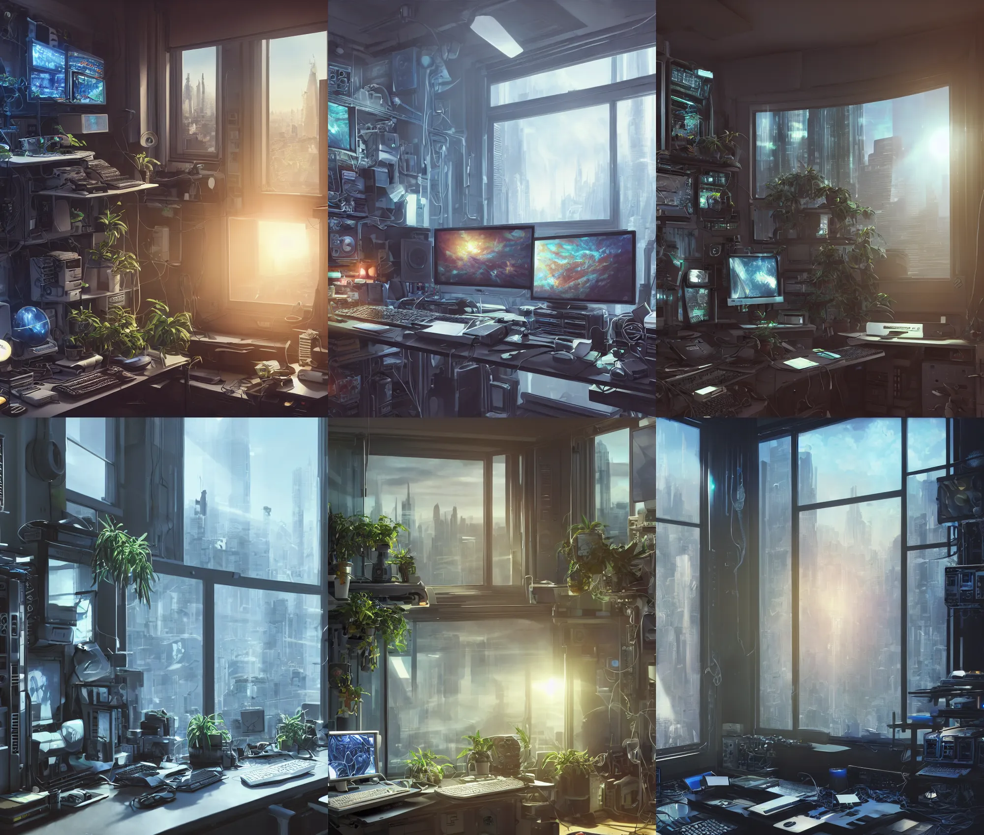 Prompt: detailed scifi artstation scene of a complex computer workstation in a small studio apartment room, a potted plant, many monitors, many electronics, a window view of the city, maximalism, volumetric light, sunny amber morning light, sun beam, atmospheric haze, unreal engine, hyperrealism, realistic shading, blender render, photorealistic, wide shot