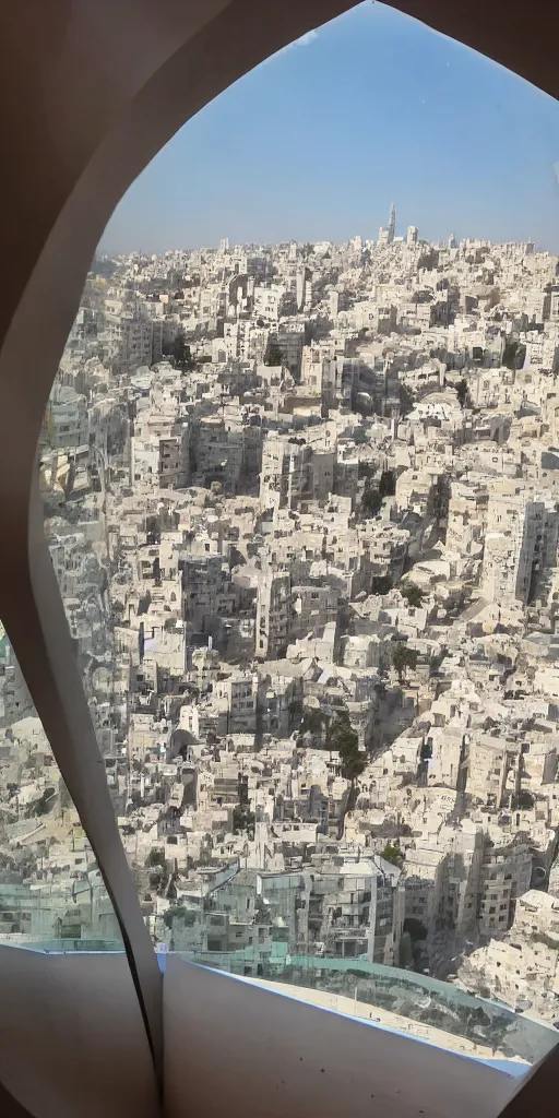 Image similar to first person view waking up in futuristic apartment in futuristic jerusalem