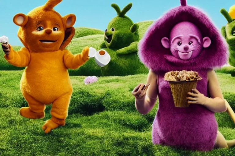 Image similar to photo, emma watson as antropomorphic furry - rat, teletubbies tinky winky, eats icecream, highly detailed, intricate details