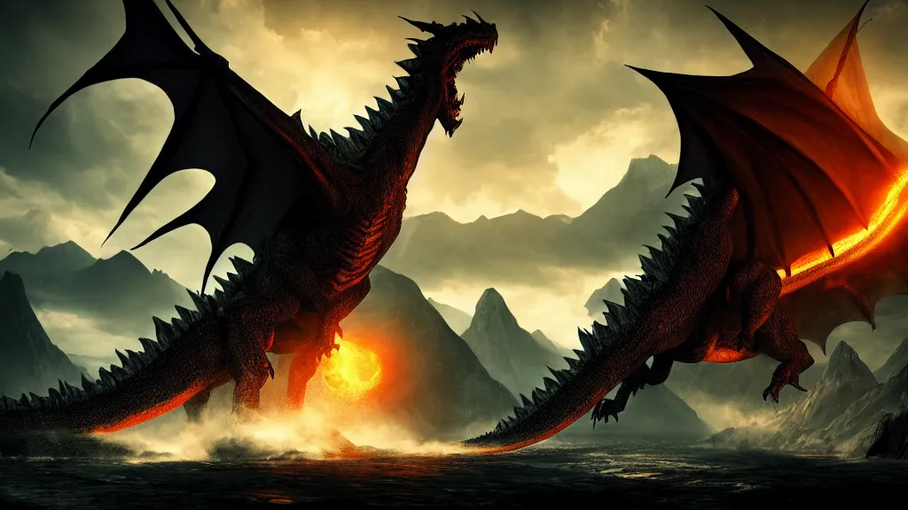 Prompt: Ancalagon the black, the biggest dragon that ever lived, over towering the huge mountains of Thangorodrim, in focus, epic, cinematic lighting, Unreal Engine 5, film key art, Bloom, dramatic lighting, cg artist